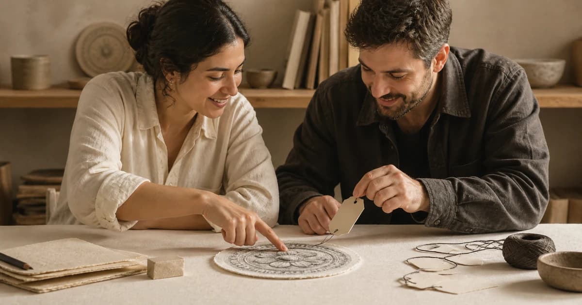 Two designers connect a blank note to a precise detail in a graphite rubbing.