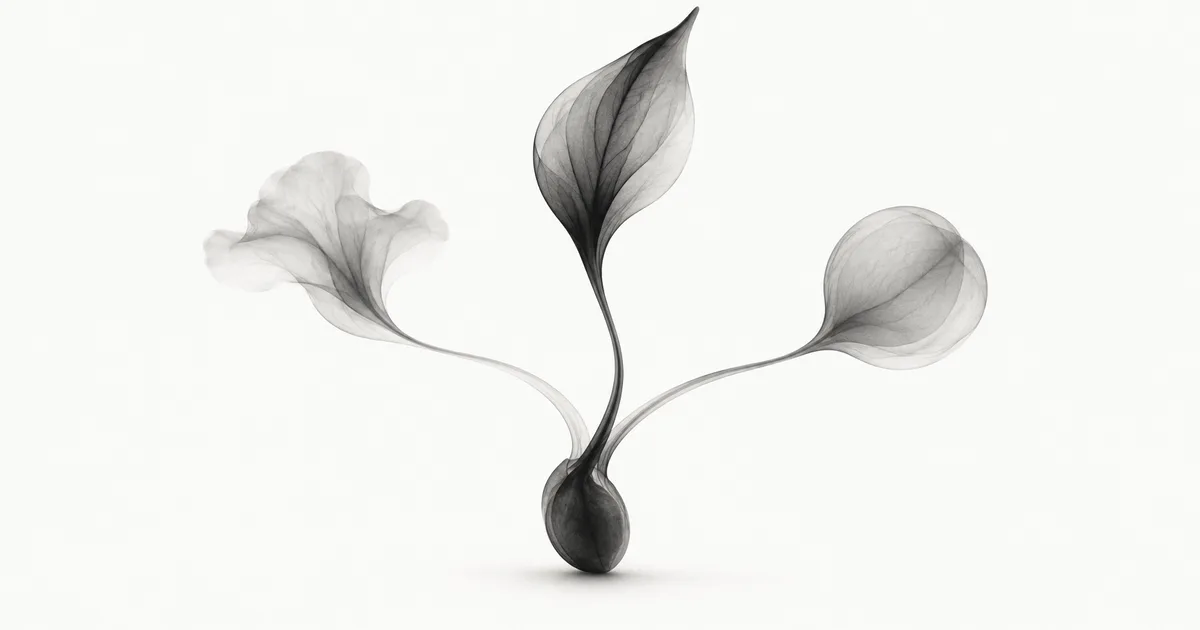 A translucent charcoal seed branches into several quiet forms, with one darker direction