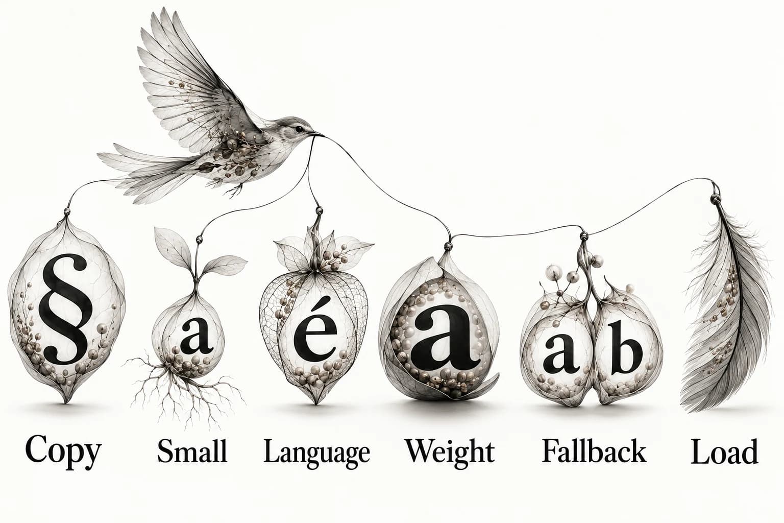Copy, Small, Language, Weight, Fallback and Load mark six stages of a font audition