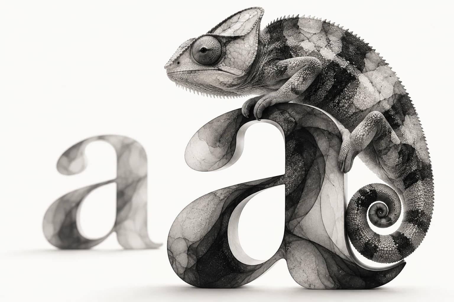 A translucent ink chameleon rests on a large letter a beside a contrasting letterform