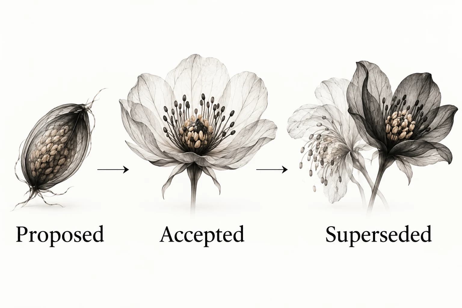A seed, flower and replacement bloom illustrate Proposed, Accepted and Superseded record states