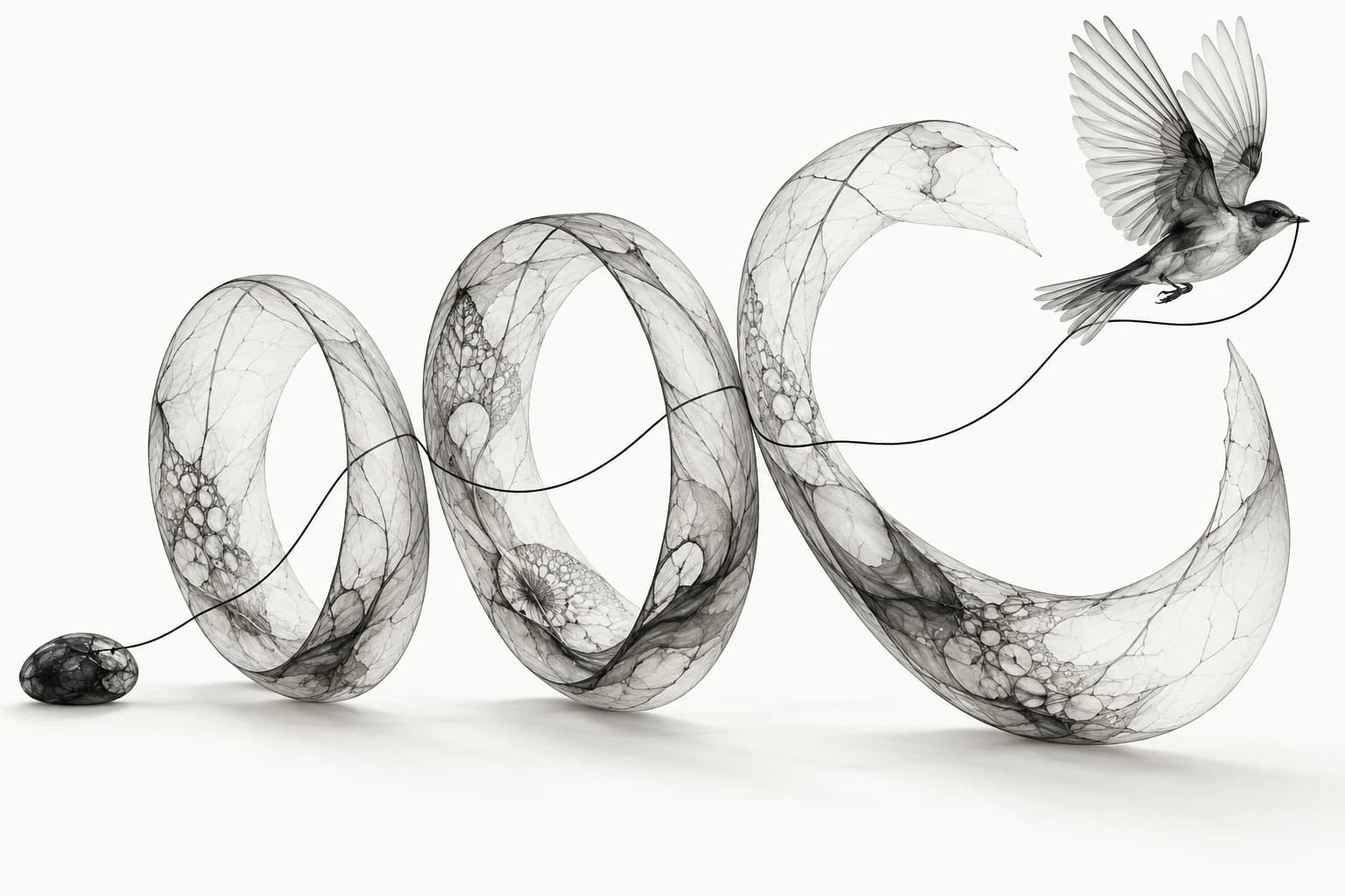 An ink bird carries a thread through connected archival loops