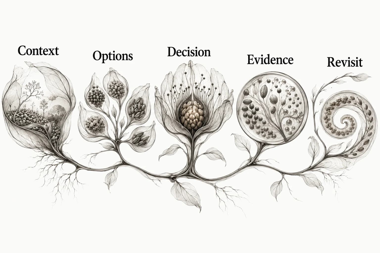 Context, Options, Decision, Evidence and Revisit form the anatomy of a decision record