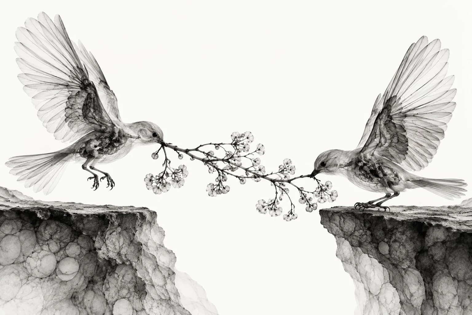 Two translucent ink birds pass a specimen stem across a gap between shelves