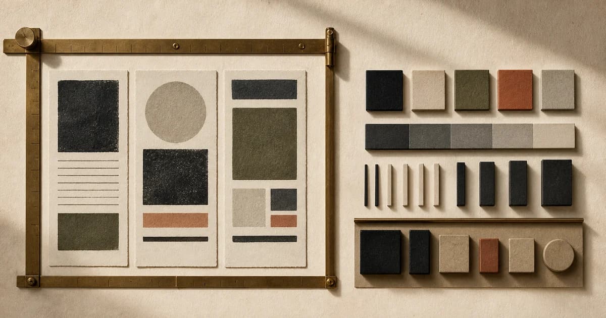 Visual specimens measured into a restrained set of colour, spacing, and type tokens