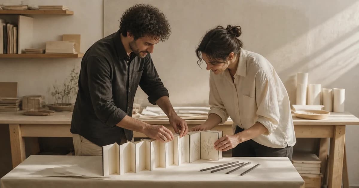 Two designers refold an accordion paper study on a smaller worktable.