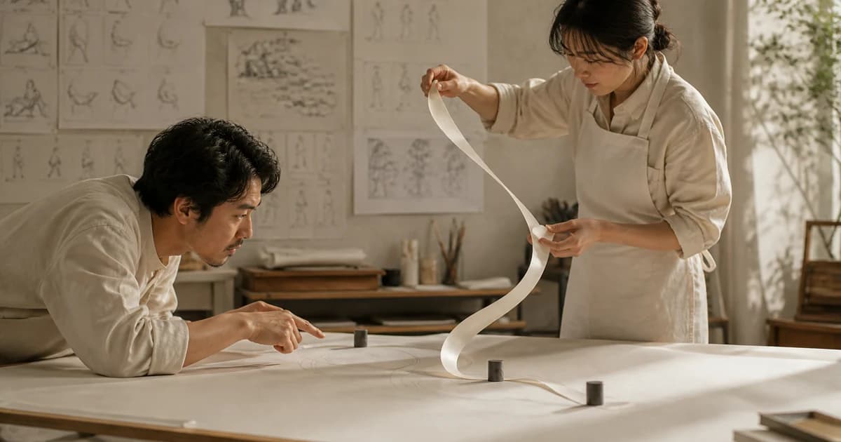 A designer lifts a paper ribbon while a colleague studies its starting position.