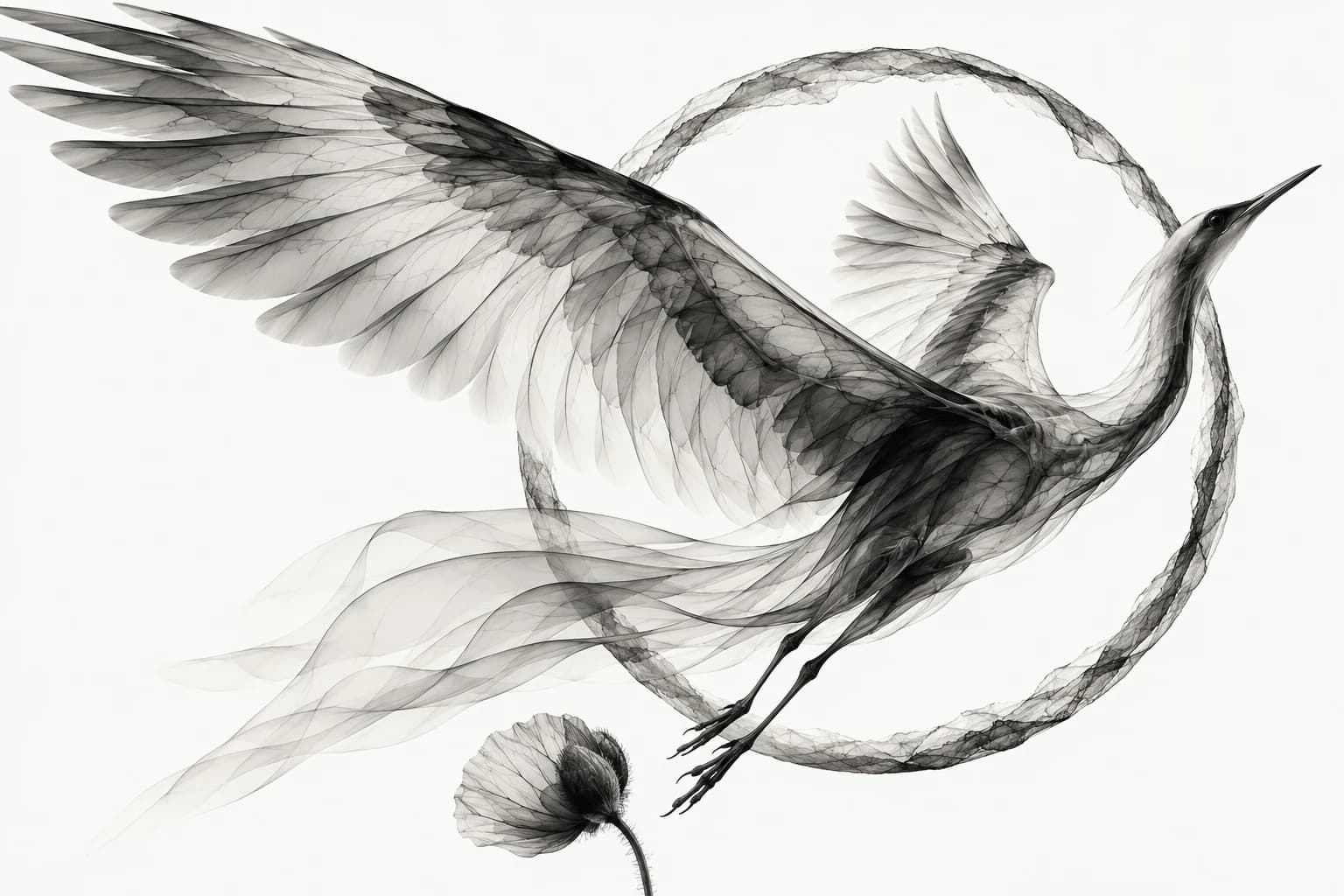A translucent ink bird takes off through an open ring above a poppy bud
