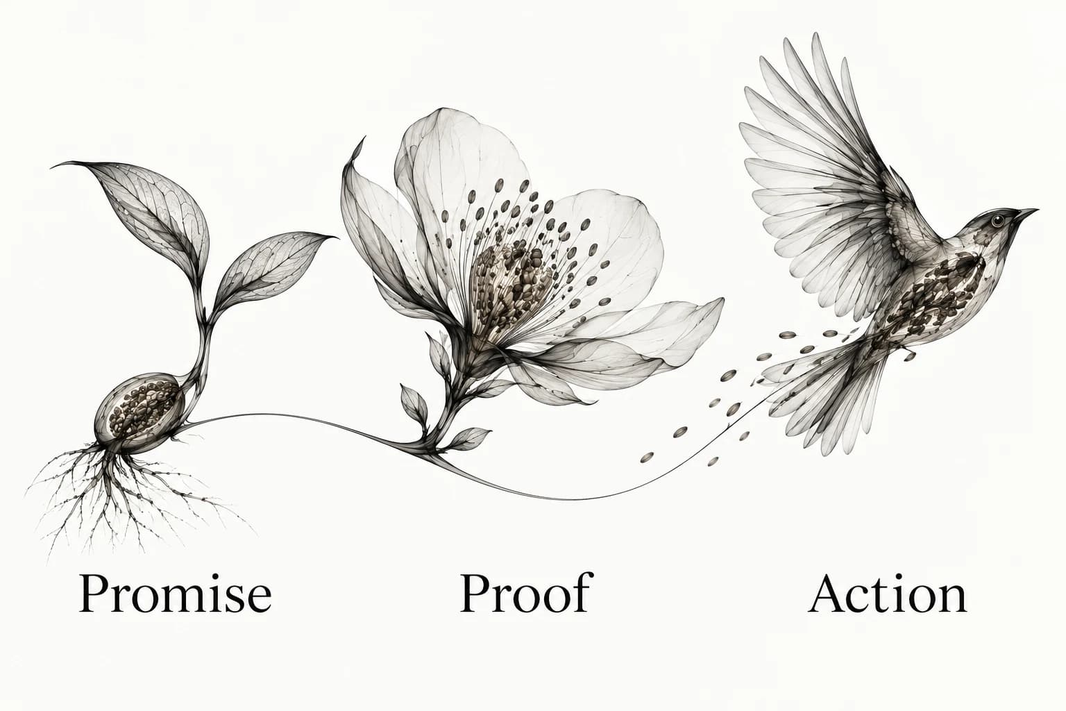 Promise, Proof and Action form a hero section contract illustrated by a stem, flower and bird