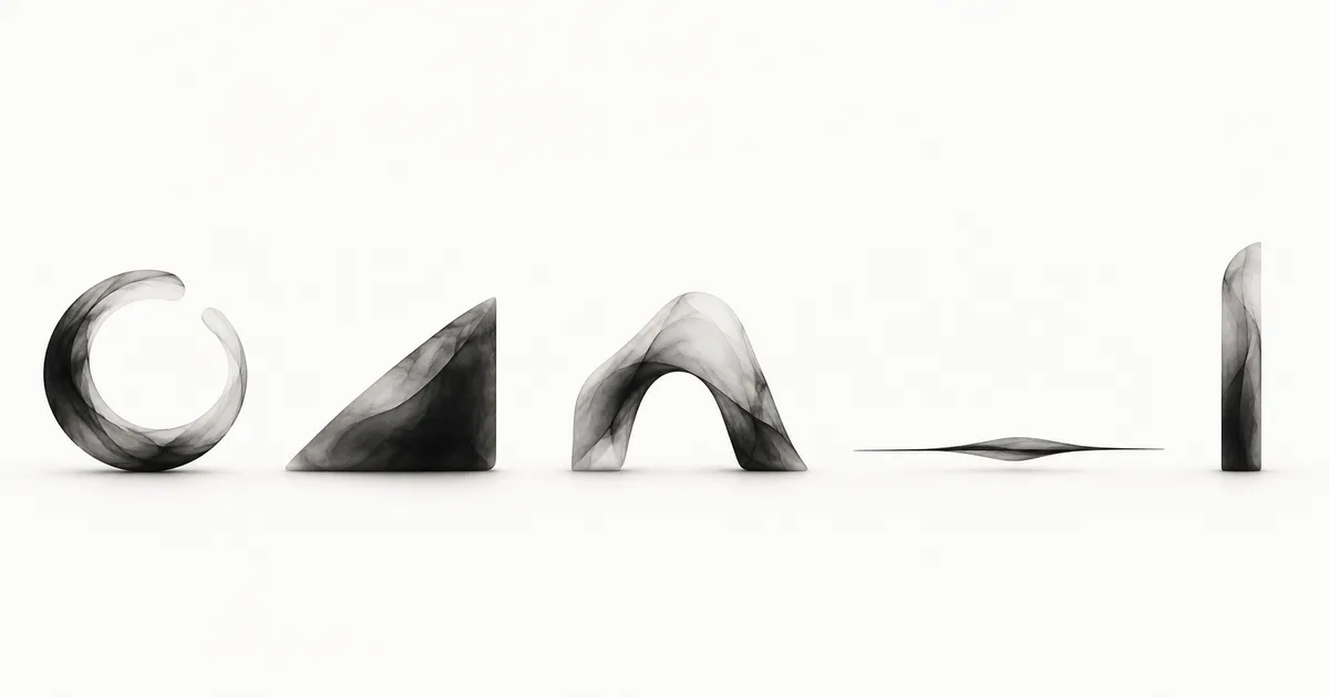 Five unmarked charcoal forms arranged as a study of balance, openings and line weight