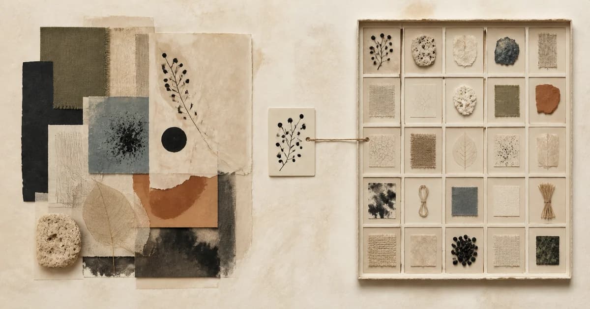 An expressive collage beside a catalogued specimen archive, joined by one selected card