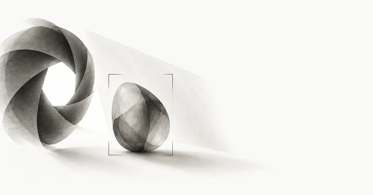A charcoal aperture and crop frame face a rounded ink form beneath an angled translucent veil