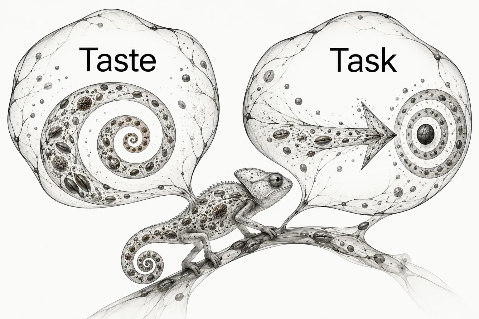Taste is represented by a decorative spiral and Task by a directed arrow reaching a target