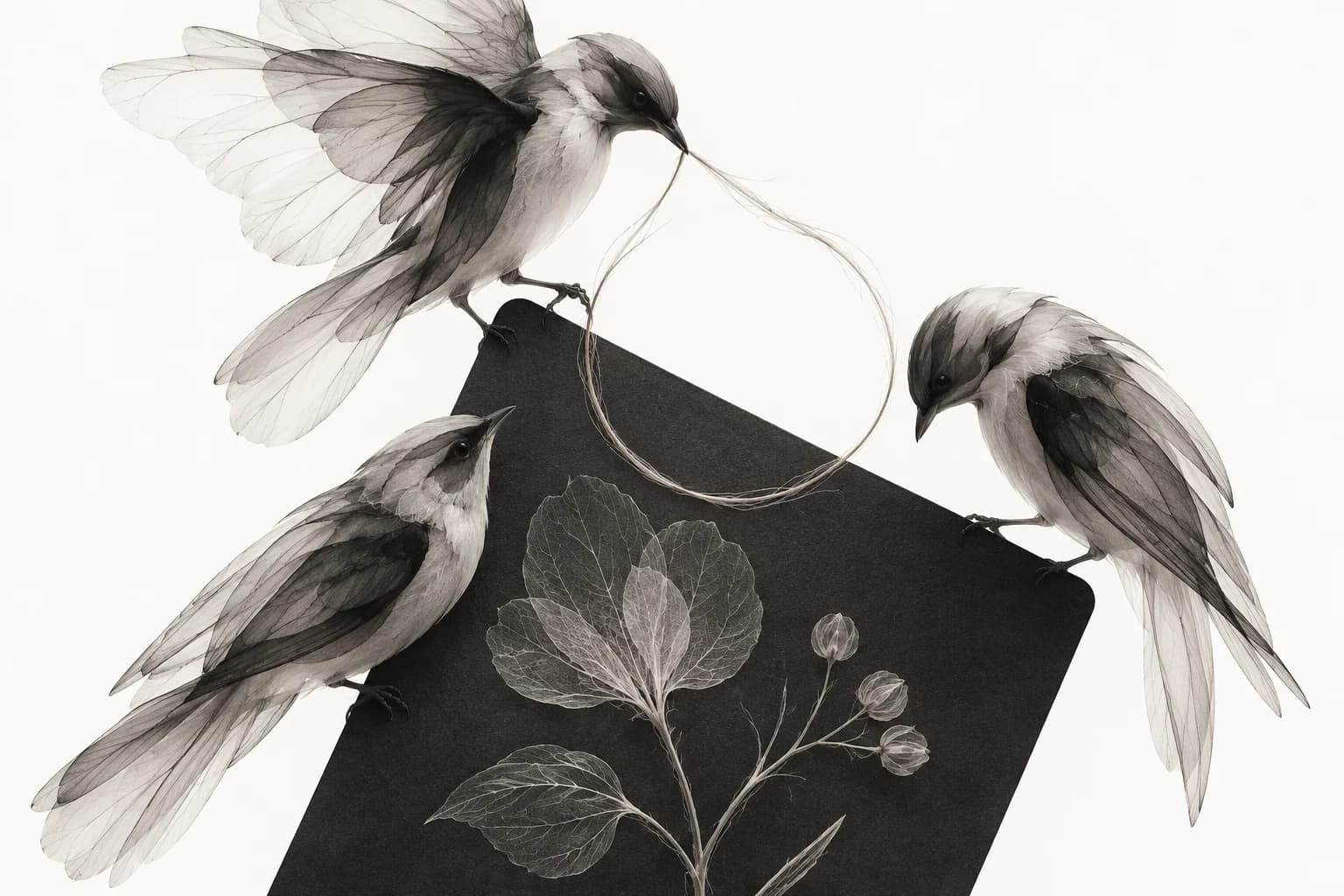 Three ink birds gather around a specimen while one carries a discussion thread