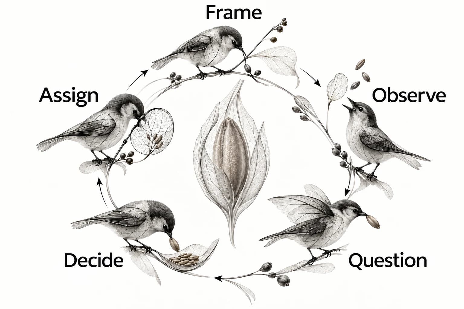 Frame, Observe, Question, Decide and Assign form a five-stage critique route