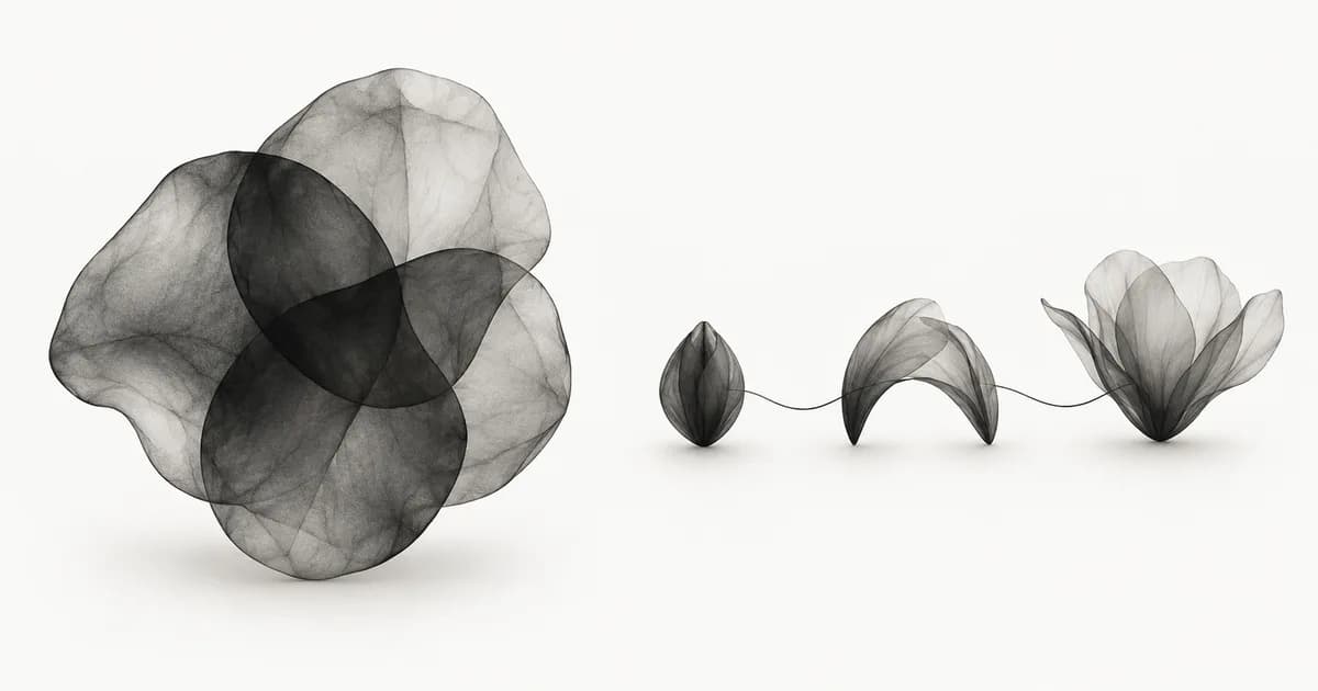 Overlapping charcoal forms on the left contrast with a seed unfolding through three ordered stages