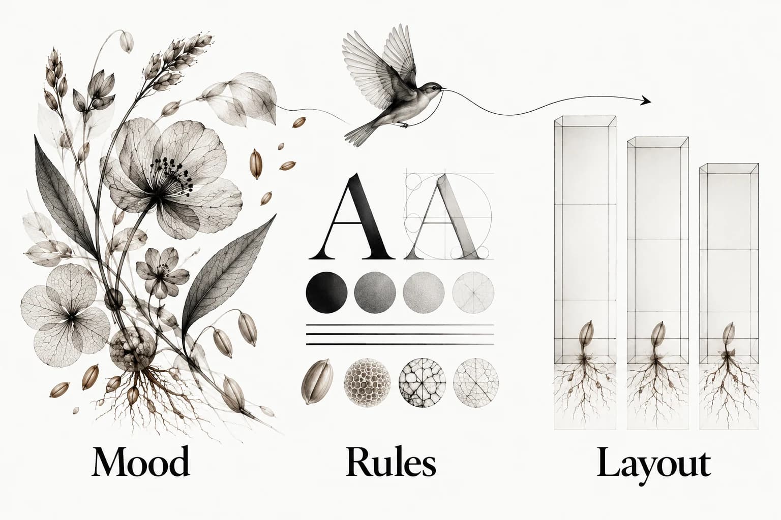 Mood, Rules and Layout form separate stages connected by a bird carrying a thread