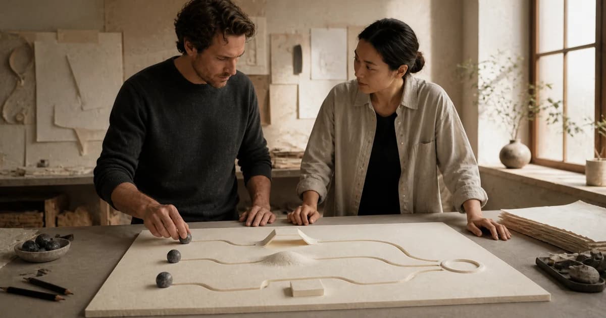 Two designers compare paper paths with different obstacles leading to the same endpoint.