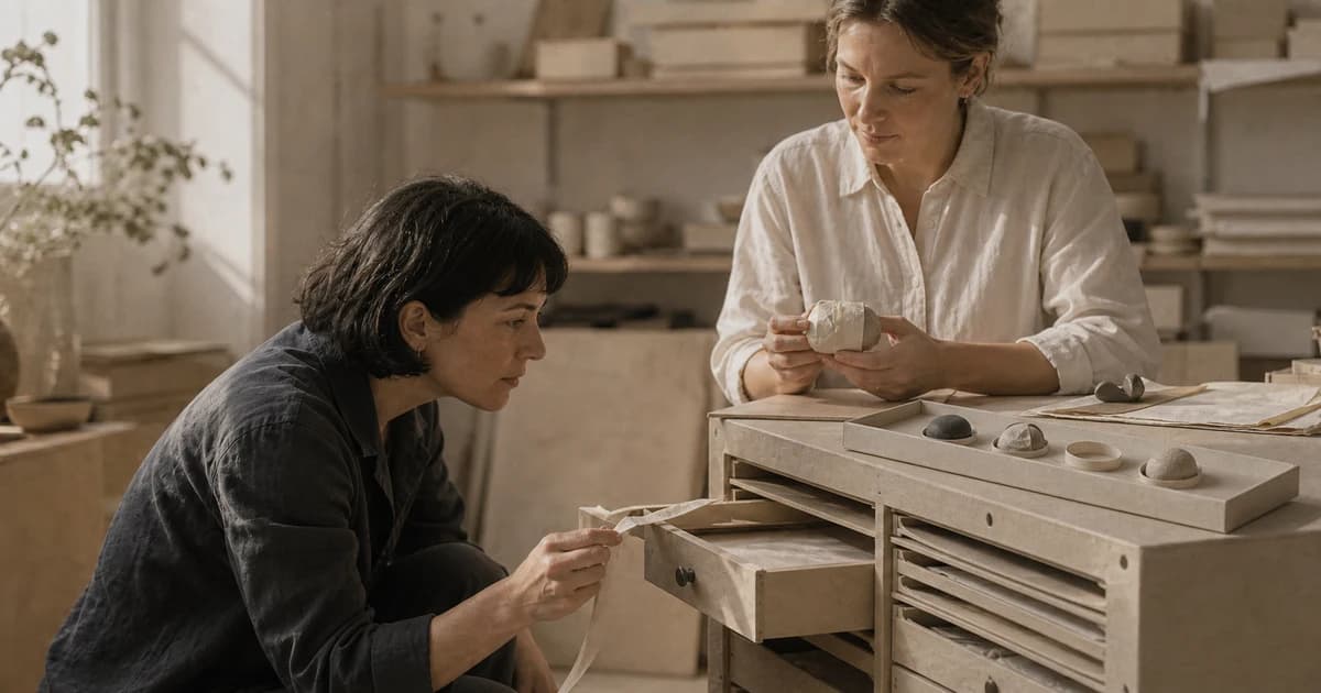 Two designers examine a paper strip caught in a workshop drawer.
