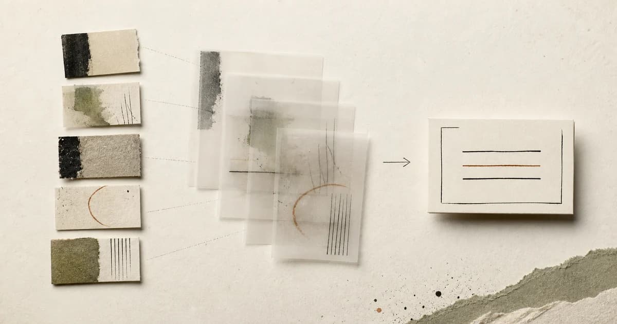 A small set of visual specimens distilled through paper layers into a concise brief
