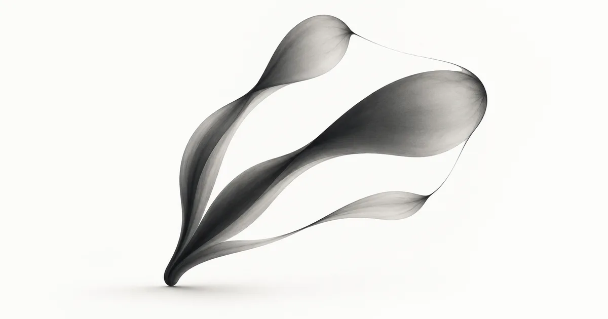 Three smoky charcoal ribbons branch from one point and meet along a fine connecting thread