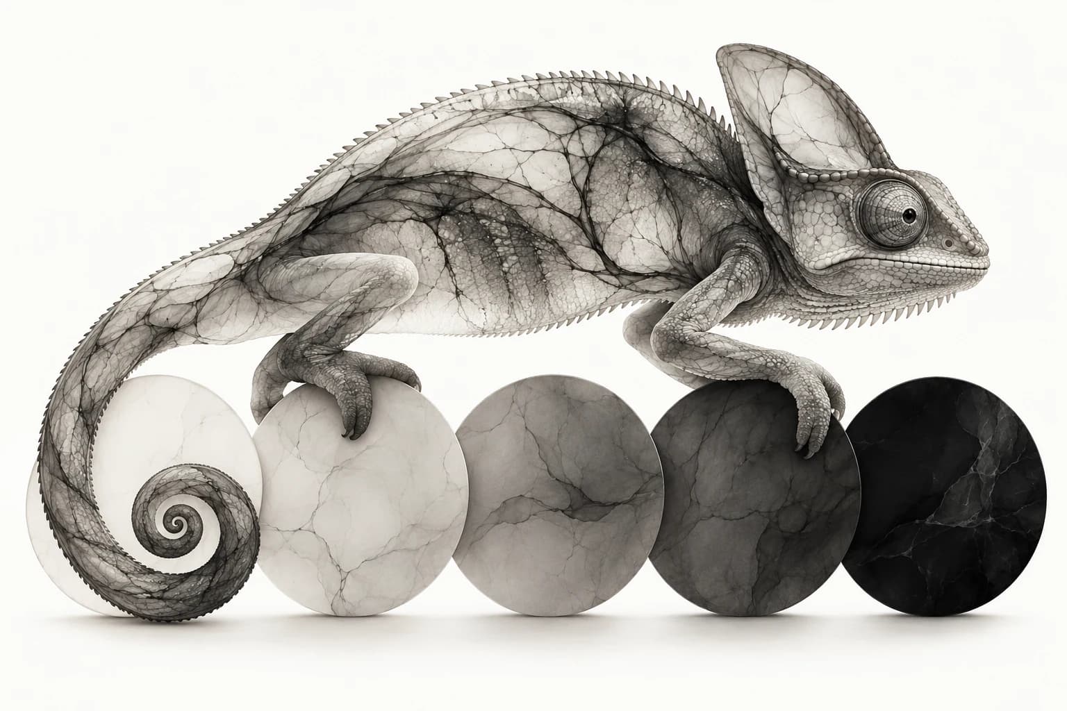 An ink chameleon crosses five neutral tone specimens from pale to dark