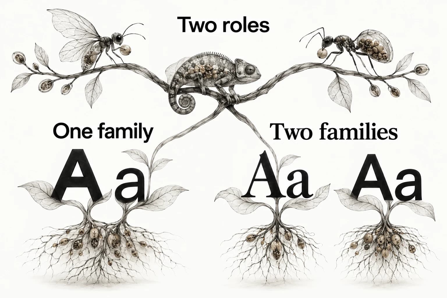 Two roles can be served by One family with different styles or Two families with deliberate contrast