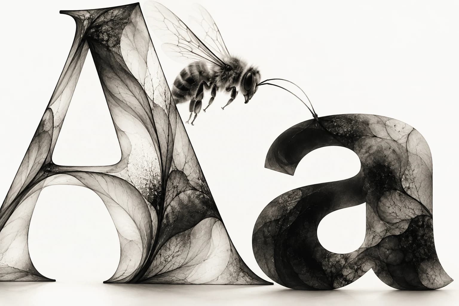 A hovering ink bee joins contrasting serif and sans letterforms