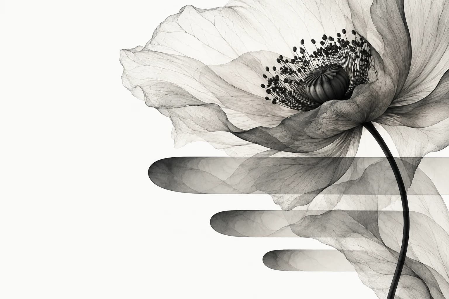 A translucent ink poppy grows through three decreasing typographic strokes