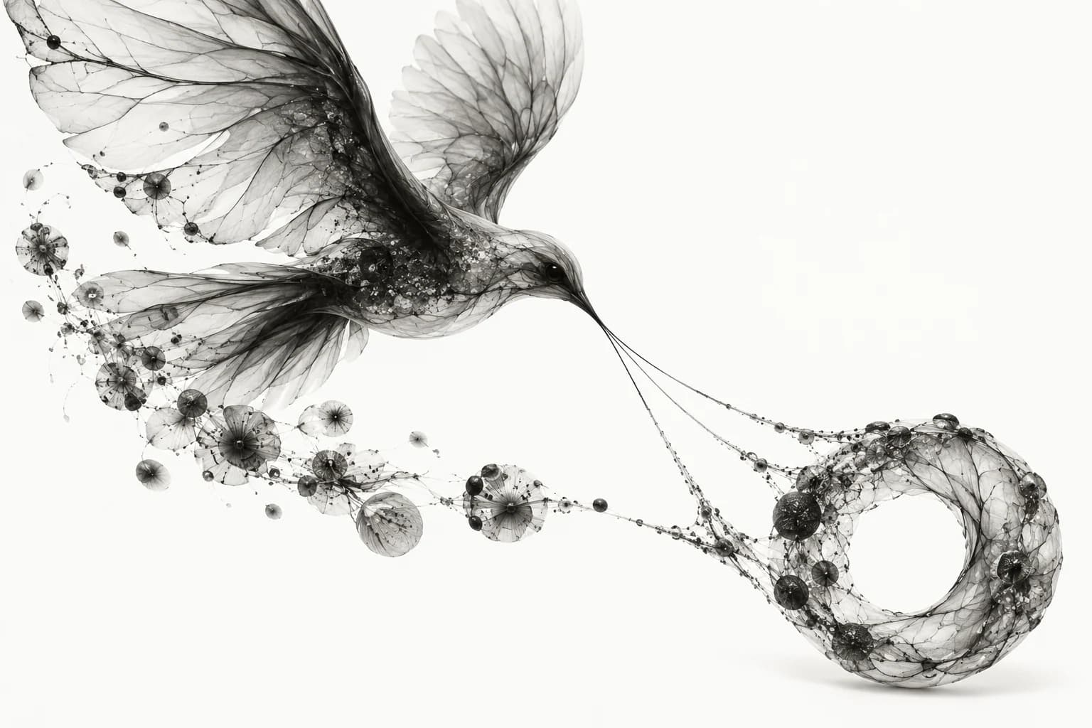 An ink bird gathers competing visual elements toward one dominant ring